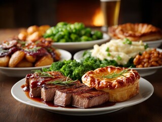 Collection of Traditional English and Irish Meals on Table with Warm Lighting