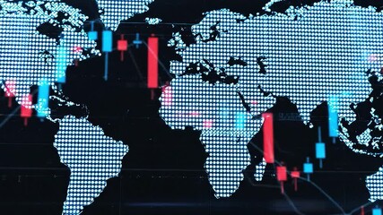 Illuminated world map with financial chart overlay showing global market analysis view at close range - Powered by Adobe