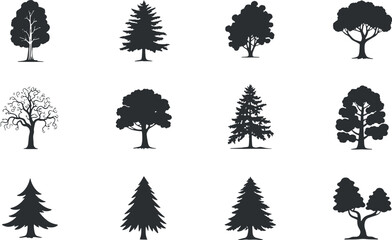 Various Tree Silhouettes Collection - Pine Oak Maple Set