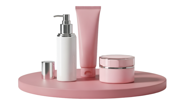 Cosmetic Products on Pink Display Stand graphic