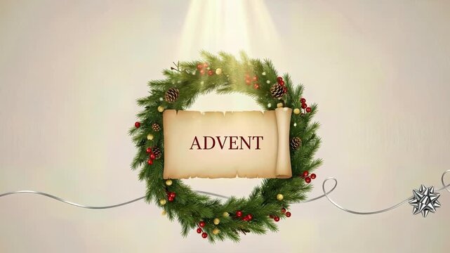 A green wreath decorated with cones, berries, and a scroll with the word Advent is presented. A silver ribbon and bow accent the composition. A festive scene for Christmas video