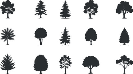 Collection of Diverse Tree Silhouettes Featuring Various Species and Natural Shapes