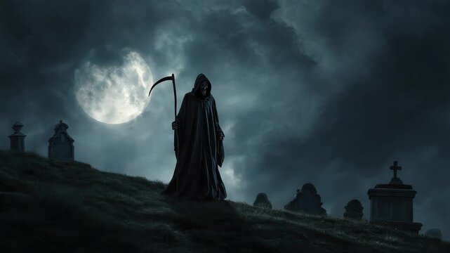 Grim Reaper standing with angel with dark robes and a skeletal face standing on the edge of a cemetery graveyard, with a full moon