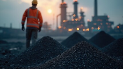 Piles of dark granular coal with industrial plant backdrop worker overseeing