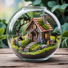 Miniature stone cottage with mossy roof inside glass sphere garden house