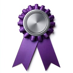 Blank silver badge with purple ribbon on white background