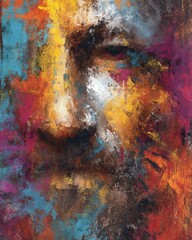 Expressive brown abstract figurative painting with vivid colors and brushstrokes