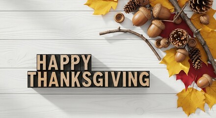 Happy Thanksgiving Decorations with Autumn Leaves and Acorns on White Wood Background
