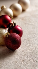 A smooth cream canvas serves as the base for this elegant background texture, featuring abstract clusters of muted red and gold Christmas balls 