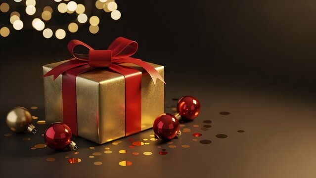Elegant gold gift box with a red bow, surrounded by red baubles and festive bokeh lights.