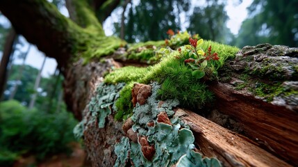 Obraz premium Soft moss has colonized the intricate texture of this tree bark, creating a natural mosaic on the forest floor. The macro detail reveals the delicate balance between nature's beauty and decay.