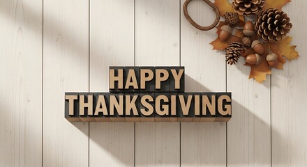 A rustic Happy Thanksgiving greeting composed of wooden block letters, with autumn leaves, pinecones, and acorns on a sunlit white wooden background