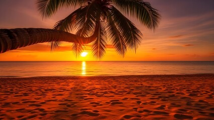 A silhouetted palm tree hangs over a sandy beach during a vibrant orange sunset over the ocean.