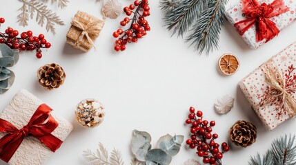 Obraz premium Christmas and New Year holiday background with gifts on white background, flat lay