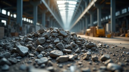Piles of rare earth elements and metallic ores in industrial warehouse, raw materials for tech, electronics, renewable energy