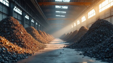 Piles of rare earth elements and metallic ores in industrial warehouse, raw materials for tech, electronics, renewable energy