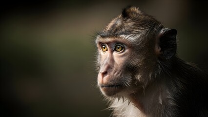 Close-up portrait of a pensive macaque monkey with dramatic side lighting against a dark background.