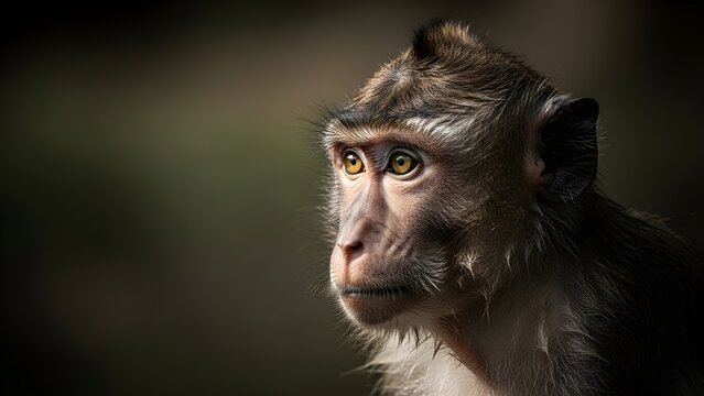 Close-up portrait of a pensive macaque monkey with dramatic side lighting against a dark background.