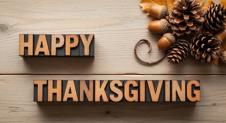 Wooden blocks spelling 'Happy Thanksgiving' with autumn leaves, pinecones, and acorns on a rustic wood background, perfect for seasonal greetings