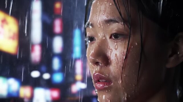 Woman in Rain with City Lights.
