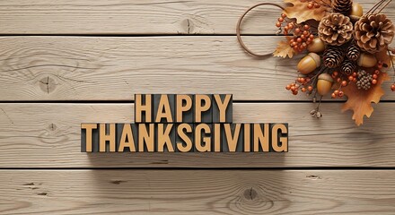 Happy Thanksgiving Wooden Background with Autumn Leaves and Acorns Decor