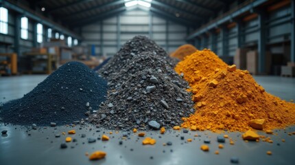 Piles of rare earth elements and metallic ores in industrial warehouse, raw materials for tech, electronics, renewable energy