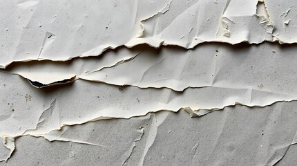 Close up of peeling white paint revealing layers on a surface with a textured appearance and cracks