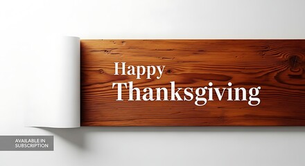 A festive 'Happy Thanksgiving' message displayed on a warm, rustic wooden background with a decorative paper scroll accent, perfect for holiday greetings and seasonal celebrations