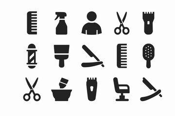Barber shop tools icons set: combs, scissors, razors, brushes