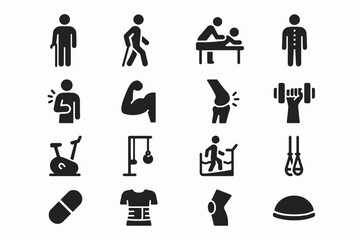 Black rehabilitation therapy icons set for exercise and recovery