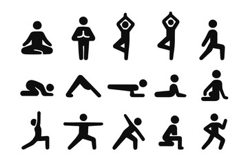 Yoga pose icons set: diverse silhouette illustrations for exercise and fitness