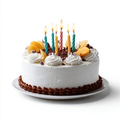 Birthday Cake with Lit Candles on White Background