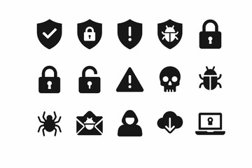 Cybersecurity icons: locks, shields, alerts, and bugs for digital security