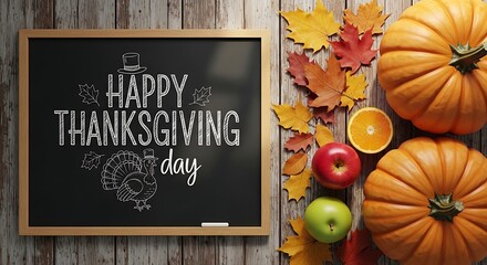 Cozy Thanksgiving Day chalkboard with festive autumn harvest decorations arranged on a rustic wooden background, celebrating gratitude and seasonal warmth