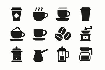 Coffee icon set: mugs, cups, beans, and brewing equipment silhouettes