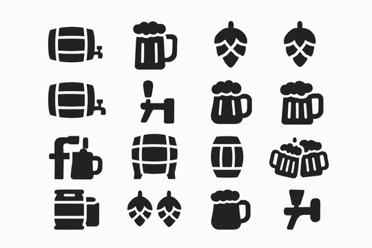 Beer barrel, mug, and hop icons set for brewing enthusiasts
