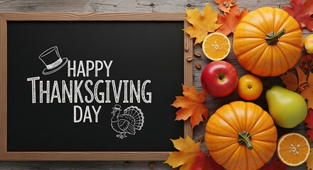 Warm Thanksgiving holiday background with a chalkboard message, vibrant fall foliage, delicious harvest produce, and decorative gourds arranged on a rustic wooden surface for a festive celebration