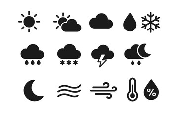 Weather icons: sun, cloud, rain, snow, wind, temperature, humidity symbols