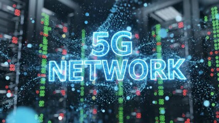 Floating hologram showcasing 5G network in server room. Digital data center visualization with glowing connectivity elements. High-speed internet and telecommunications technology concept. video - Powered by Adobe