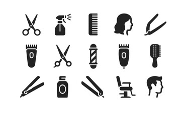 Obraz premium Barber tools icons set: scissors, clippers, comb, razor, hair spray