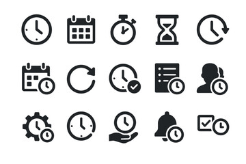 Collection of time management icons including clocks and calendars