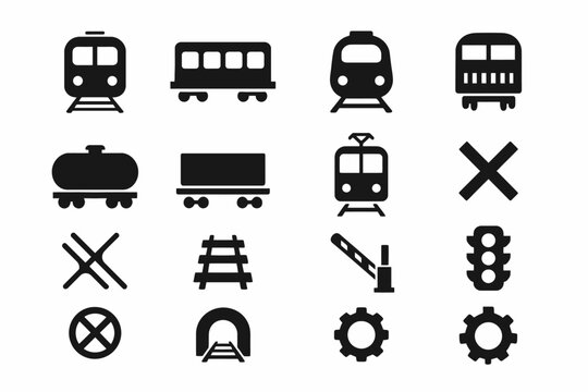 Collection of train and railway icons: locomotive, tracks, signals, tunnel, wagon, crossing