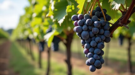 Ripe purple grape cluster hanging from vineyard vine with green leaves