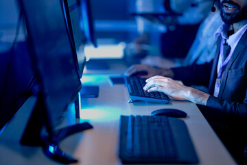 High stakes finance night. Diverse male and female analysts track volatile global markets, intense focus monitor screens real time data, critical decisions hedge fund trading floor.