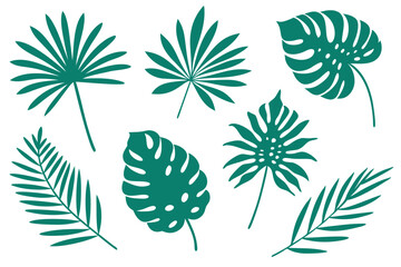 Naklejka premium Isolated tropical leaves in green tones showcase monstera and palm foliage elegantly scattered