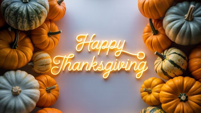 Happy Thanksgiving neon sign surrounded by pumpkins a festive autumn harvest decoration for holiday greetings and seasonal celebrations