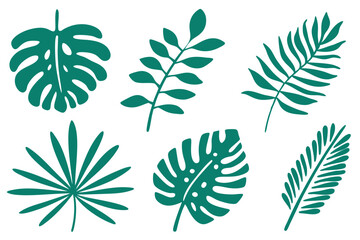 Various green tropical leaf silhouettes are arranged together on a plain white background