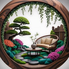 Miniature zen garden diorama with bonsai sofa and stone path bonsai tree