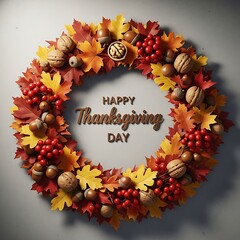 Vibrant autumn wreath adorned with colorful fall leaves, acorns, and berries, creating a beautiful festive decoration for seasonal celebrations and gratitude