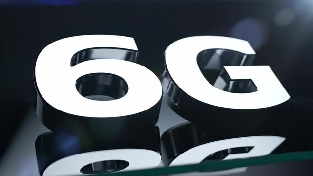 Metallic 6G logo animating on reflective black surface. Futuristic wireless technology symbol for next generation mobile networks and digital connectivity. video footage video footage